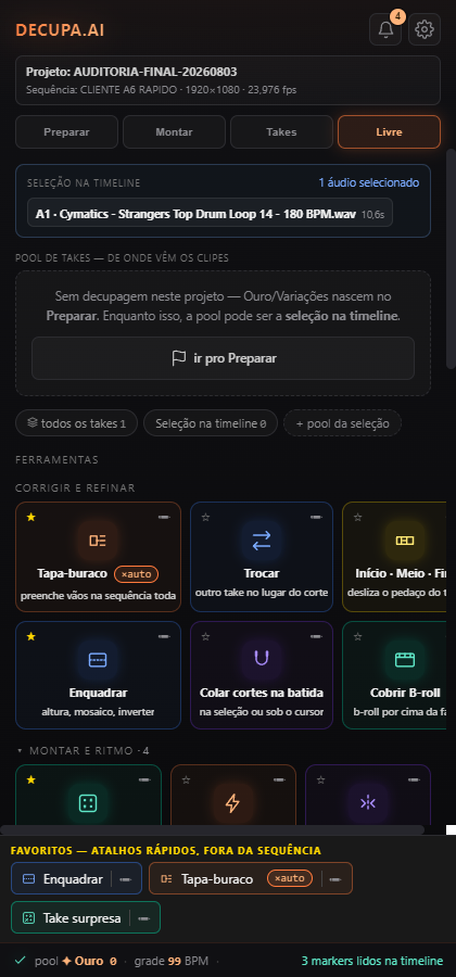 Tela real da área Livre do DECUPA.VIDEO com ferramentas de edição
